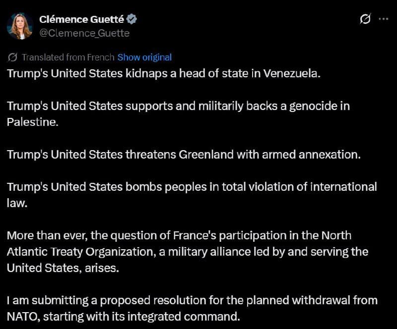 Clémence Guetté submits resolution for France's exit from NATO