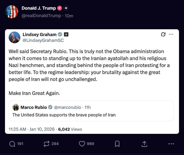 Trump reposts Lindsey Graham's tweet on Truth Social about Iran