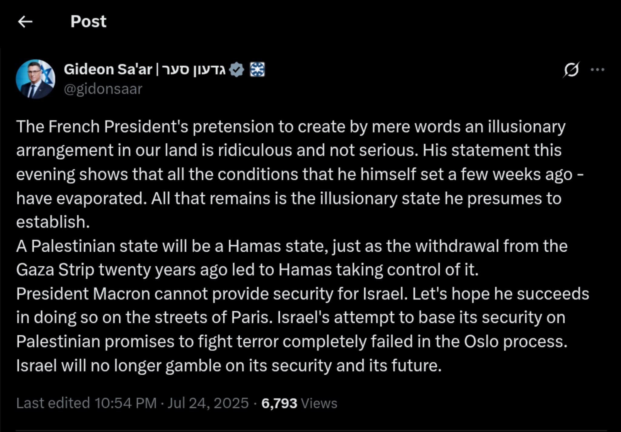 Israeli Foreign Minister Slams Macron's Palestinian State Plan as Illusory and Risky