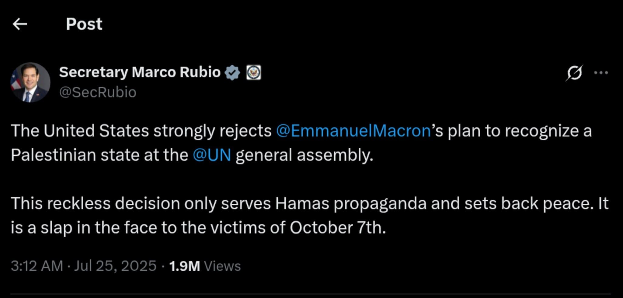 US Rejects Macron's Palestinian State Proposal, Calls it Harmful to Peace Efforts