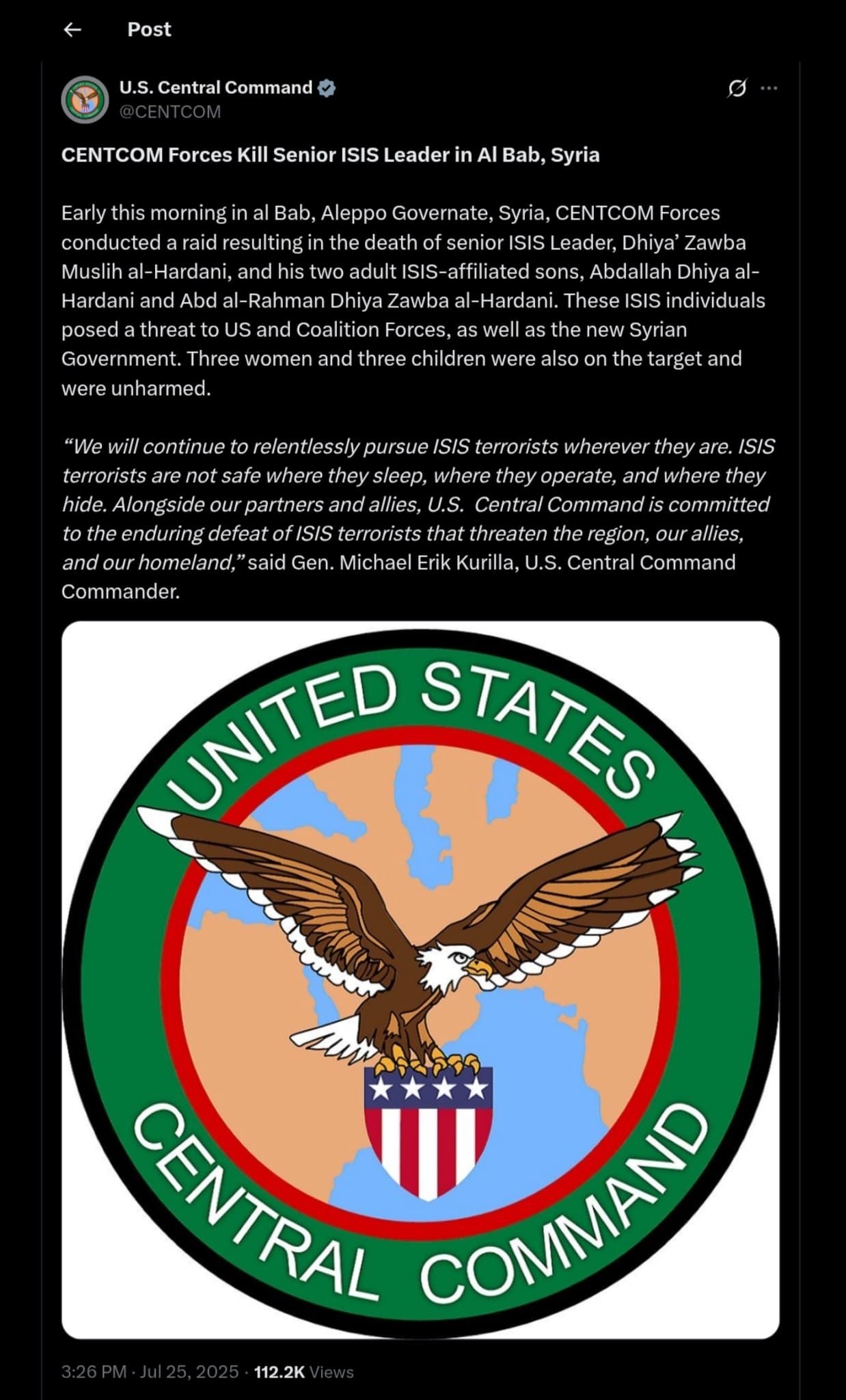 U.S. Forces Eliminate Senior ISIS Leader and Sons in Al Bab, Syria Raid