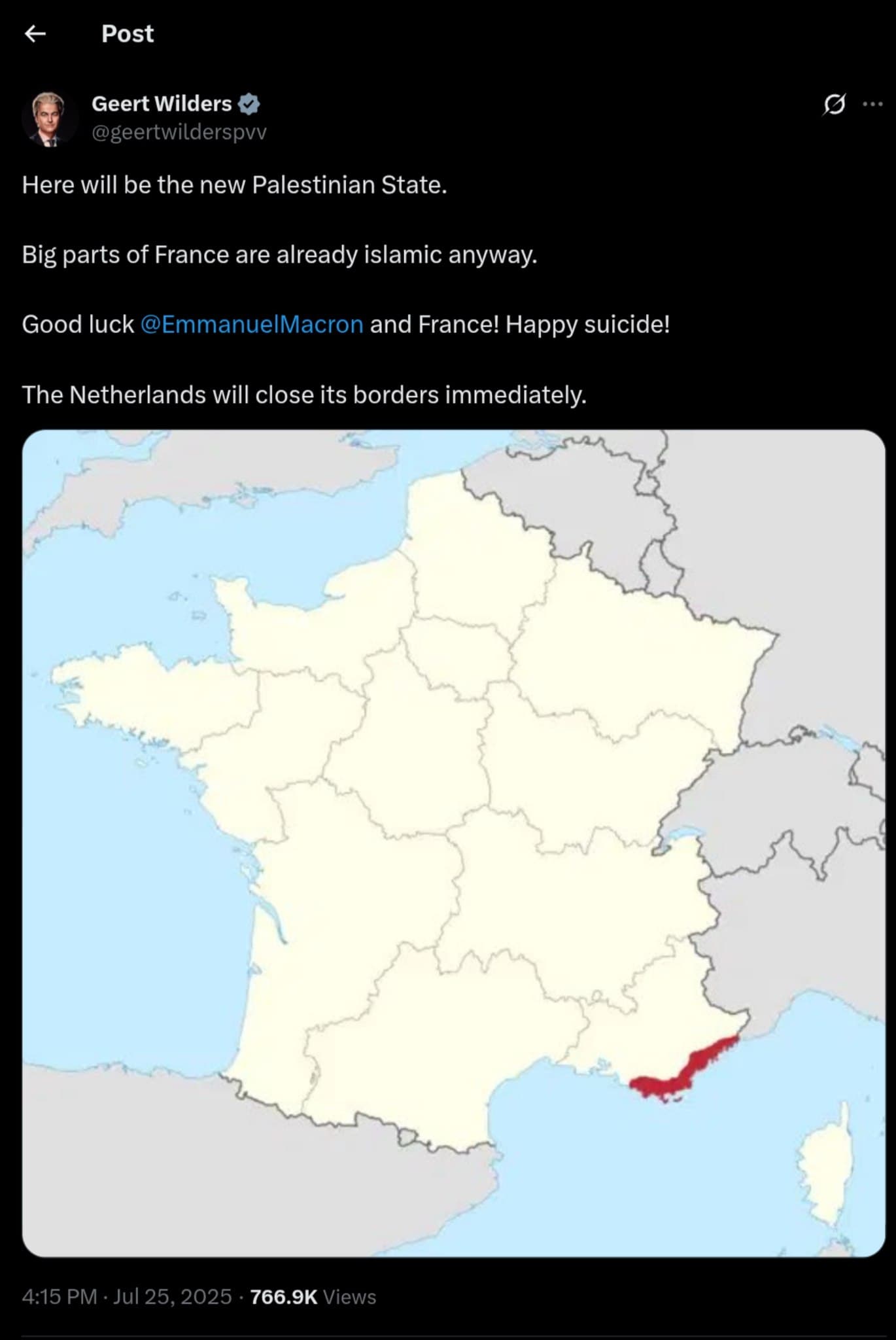 Geert Wilders Condemns Macron's Palestinian State Recognition as a Threat to Europe