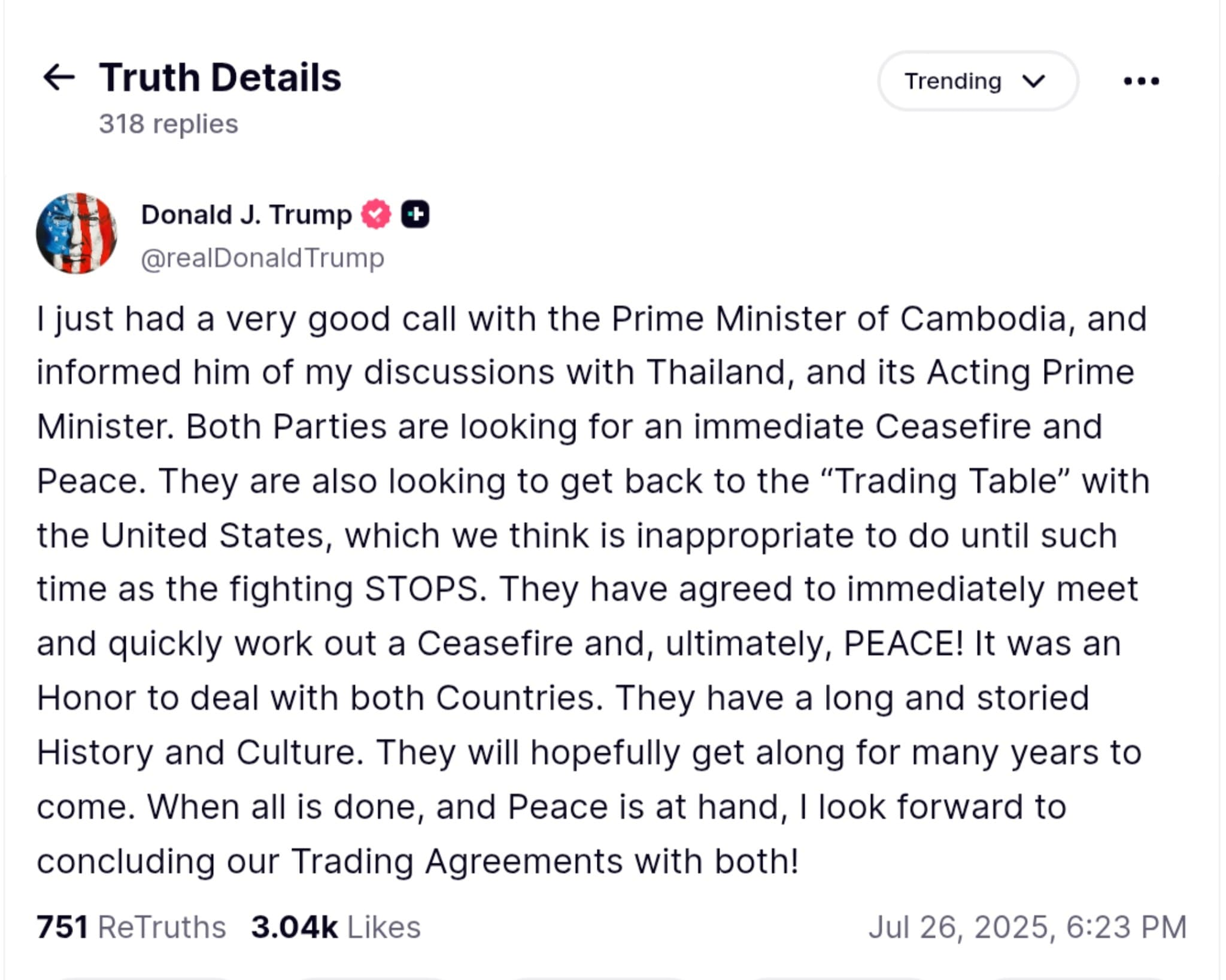 Trump Reports Positive Ceasefire Progress in Thailand-Cambodia Conflict Talks