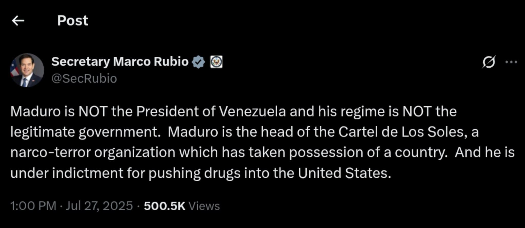 US Sec. of State Rubio Declares Maduro a Narco-Terror Leader, Rejects Legitimacy of His Regime