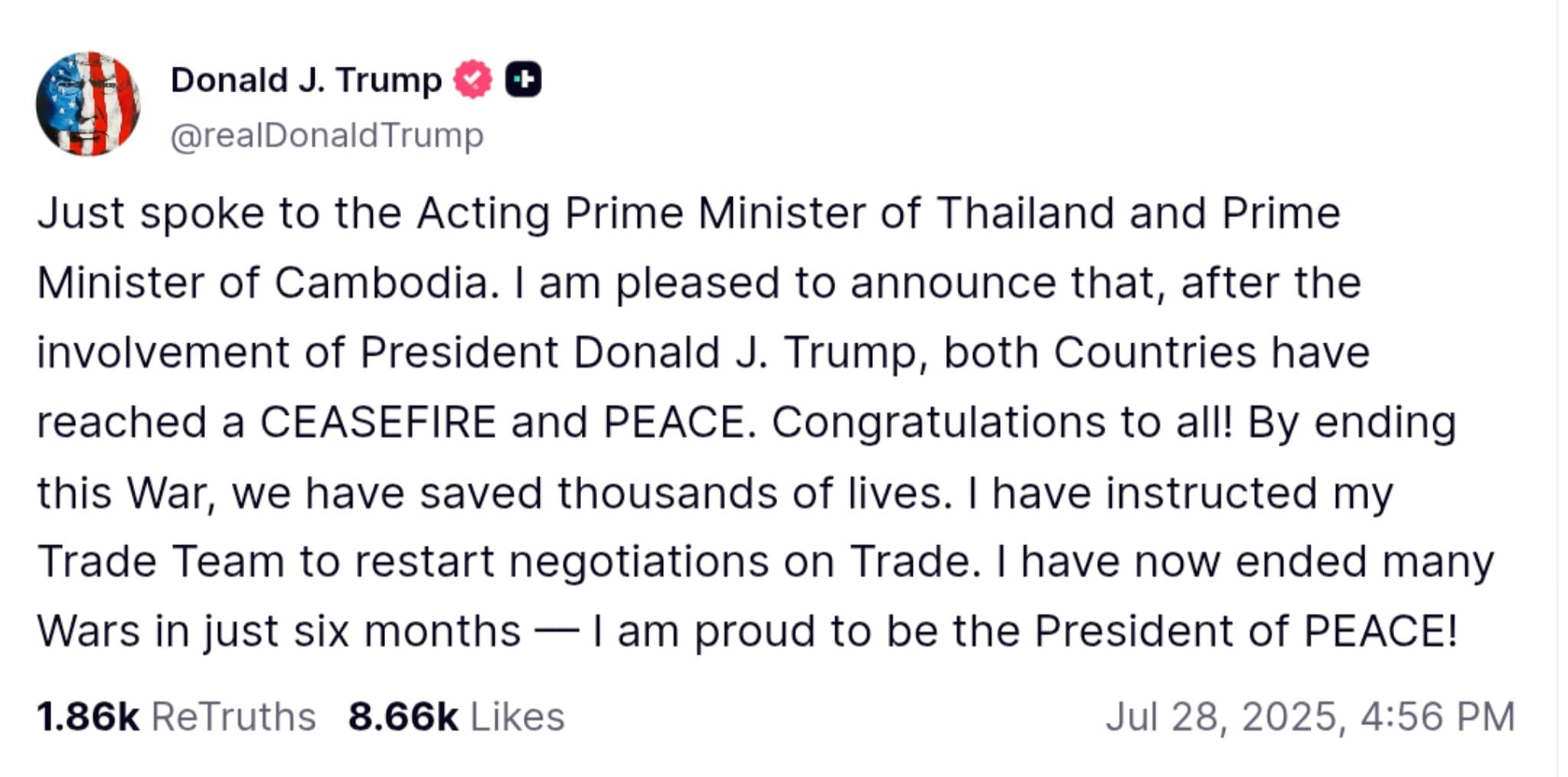 Trump Claims Credit for Cambodia-Thailand Ceasefire, Declares Himself 'President of PEACE'