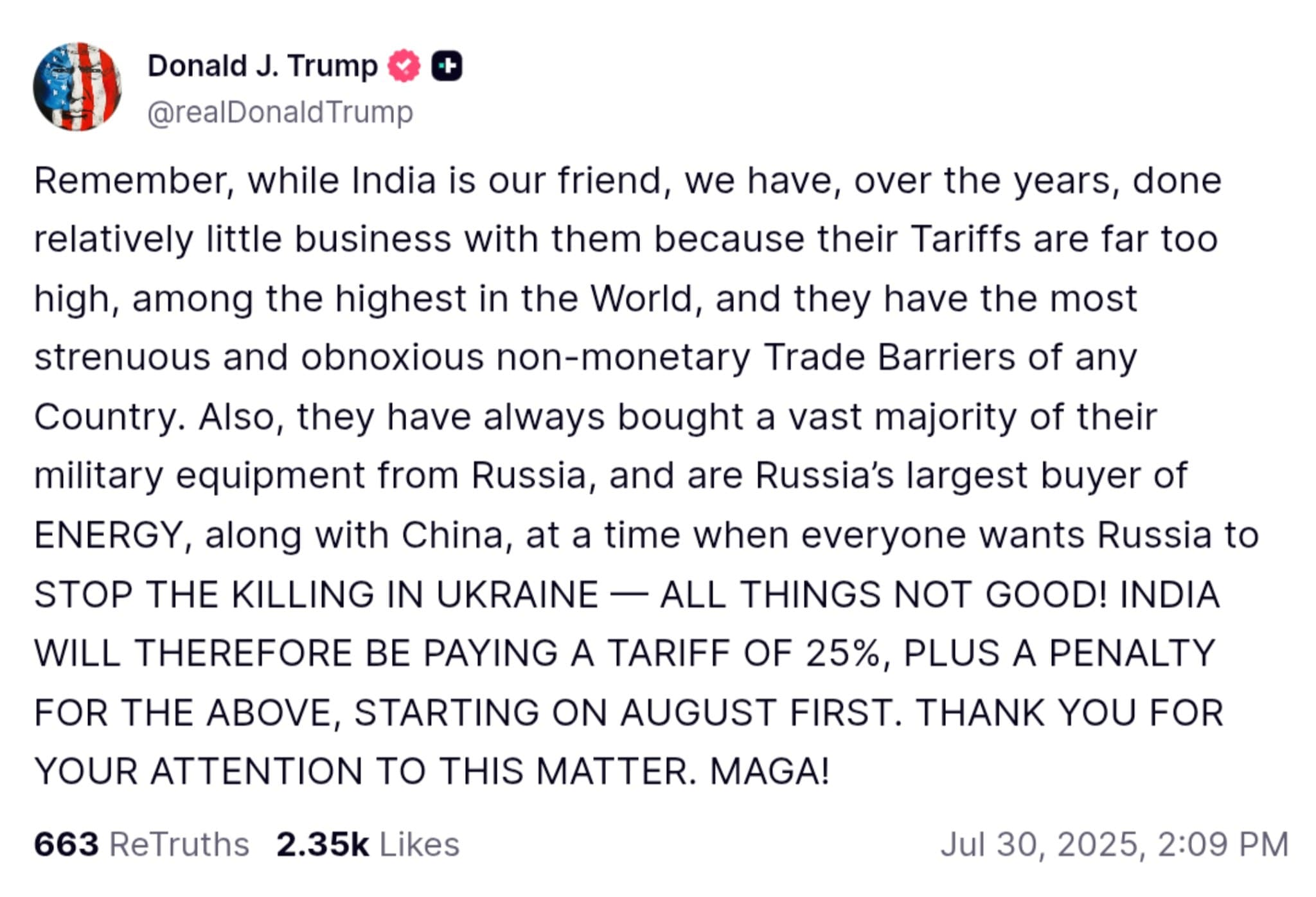 Trump Imposes 25% Tariff on India Over Trade Barriers and Russian Ties