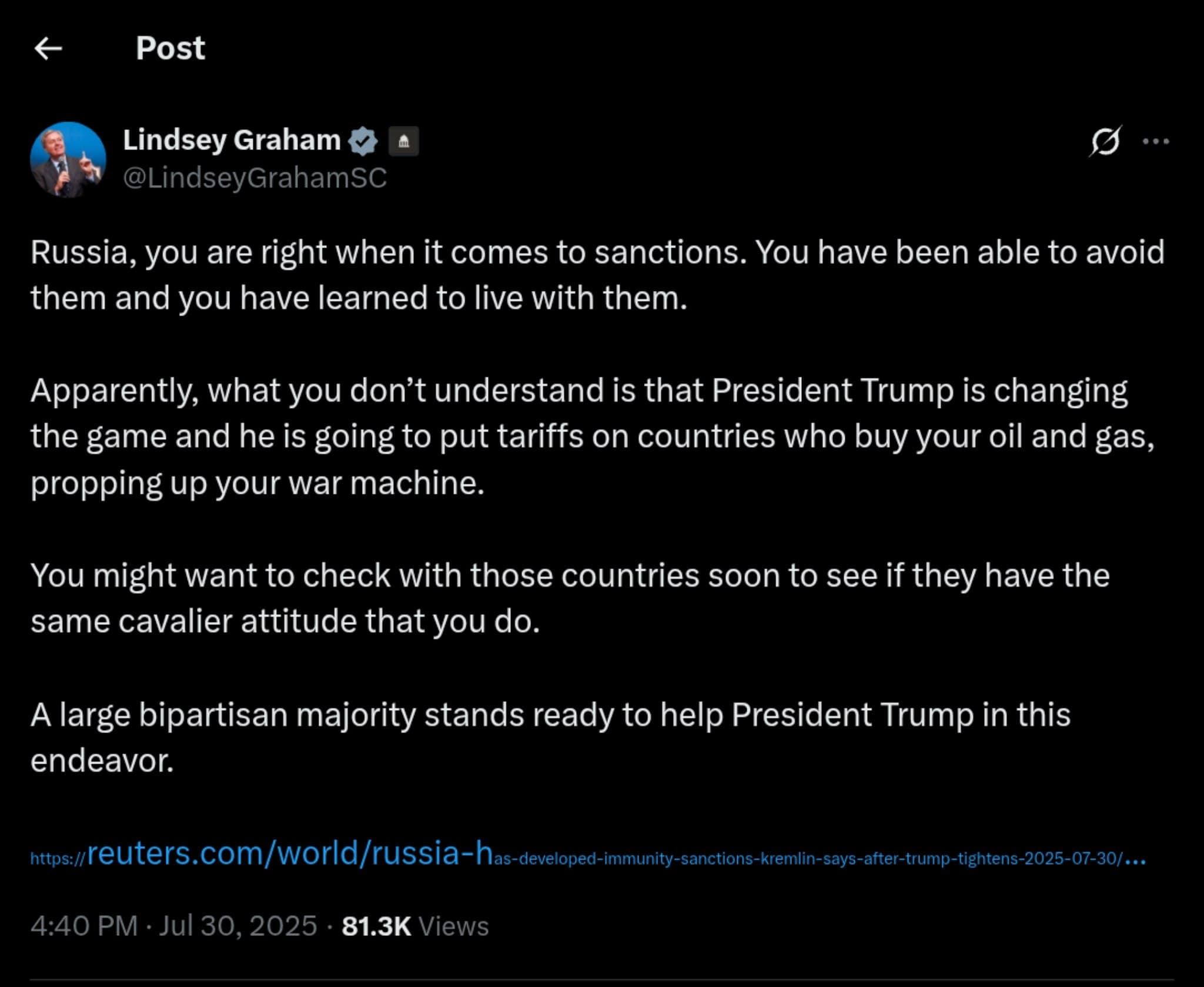 Lindsey Graham Warns Russia: Trump’s Tariffs Could Target Your Oil Buyers