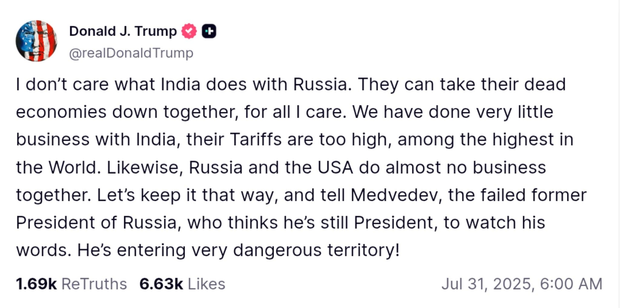 Trump Dismisses India-Russia Relations, Warns Medvedev of 'Dangerous Territory'