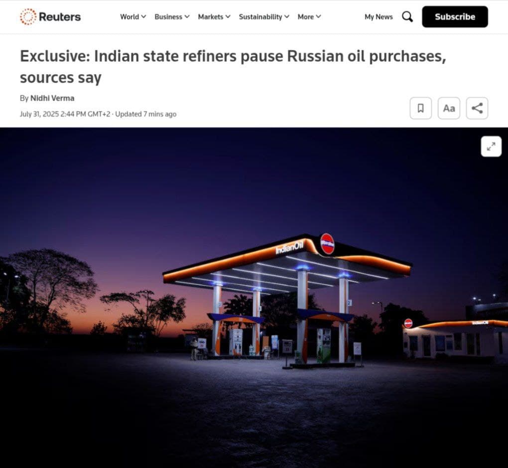 Indian State Refiners Suspend Russian Oil Purchases Amid U.S. Tariff Threats