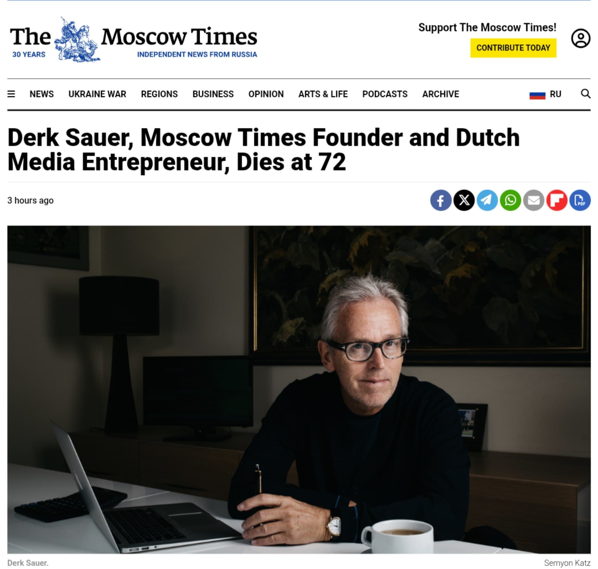 Derk Sauer, Founder of The Moscow Times, Dies at 72 Following Sailing Accident