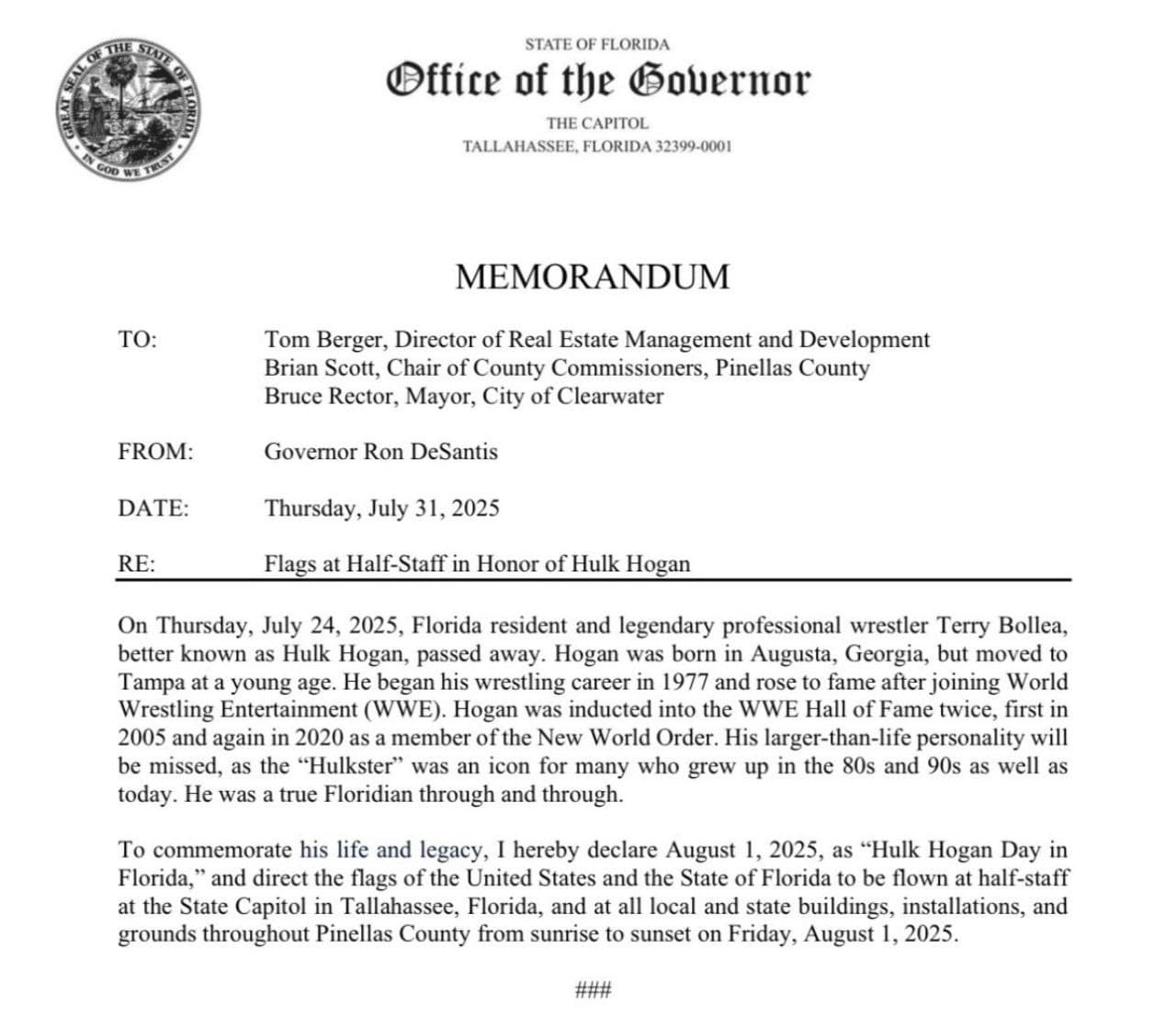Florida Governor Ron DeSantis Proclaims August 1, 2025, as Hulk Hogan Day to Honor Wrestling Icon