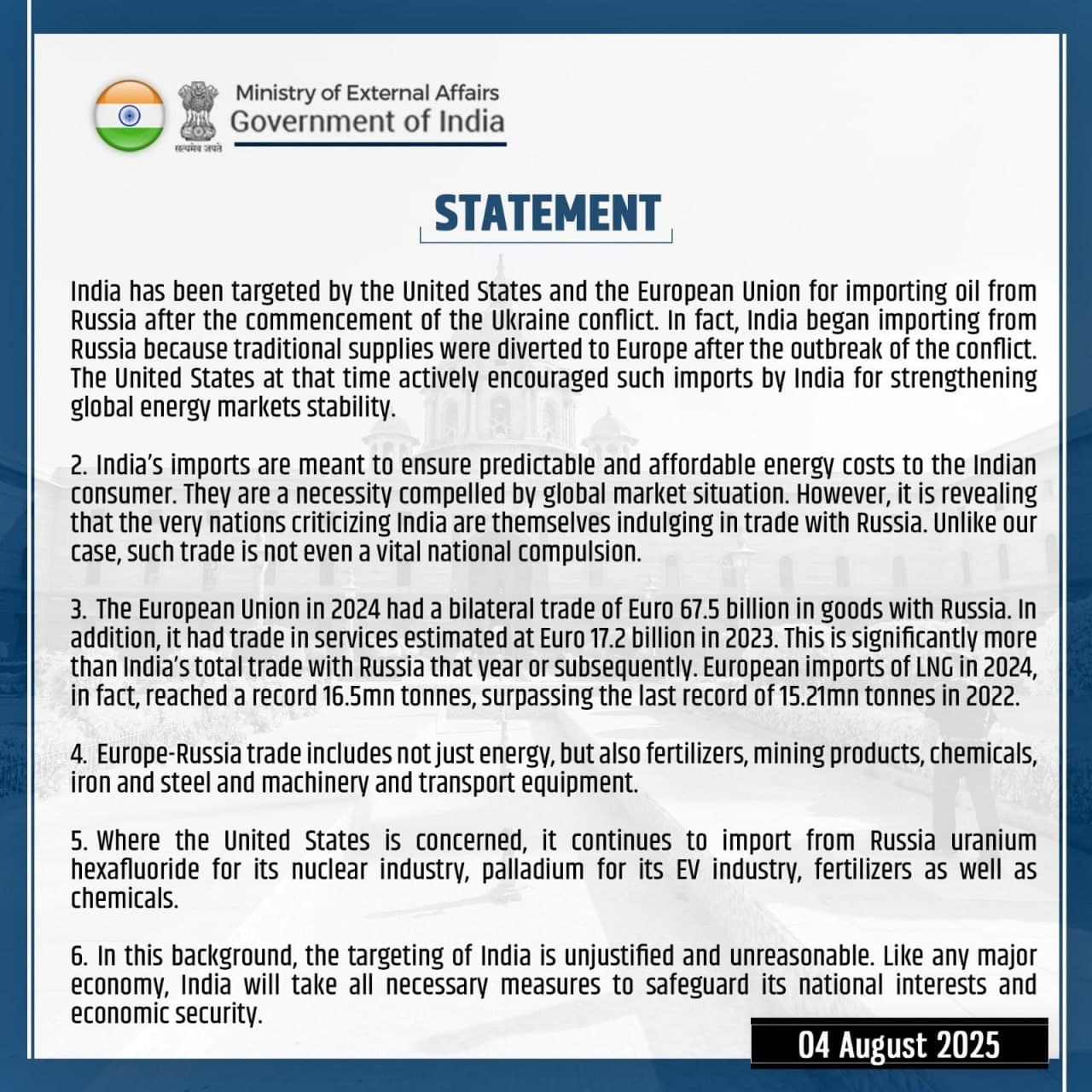 India Defends Trade with Russia, Pledges Strong Action to Protect Economic Security