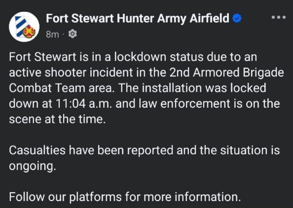 Four Injured in Fort Stewart Active Shooter Incident; Base and Schools on Lockdown
