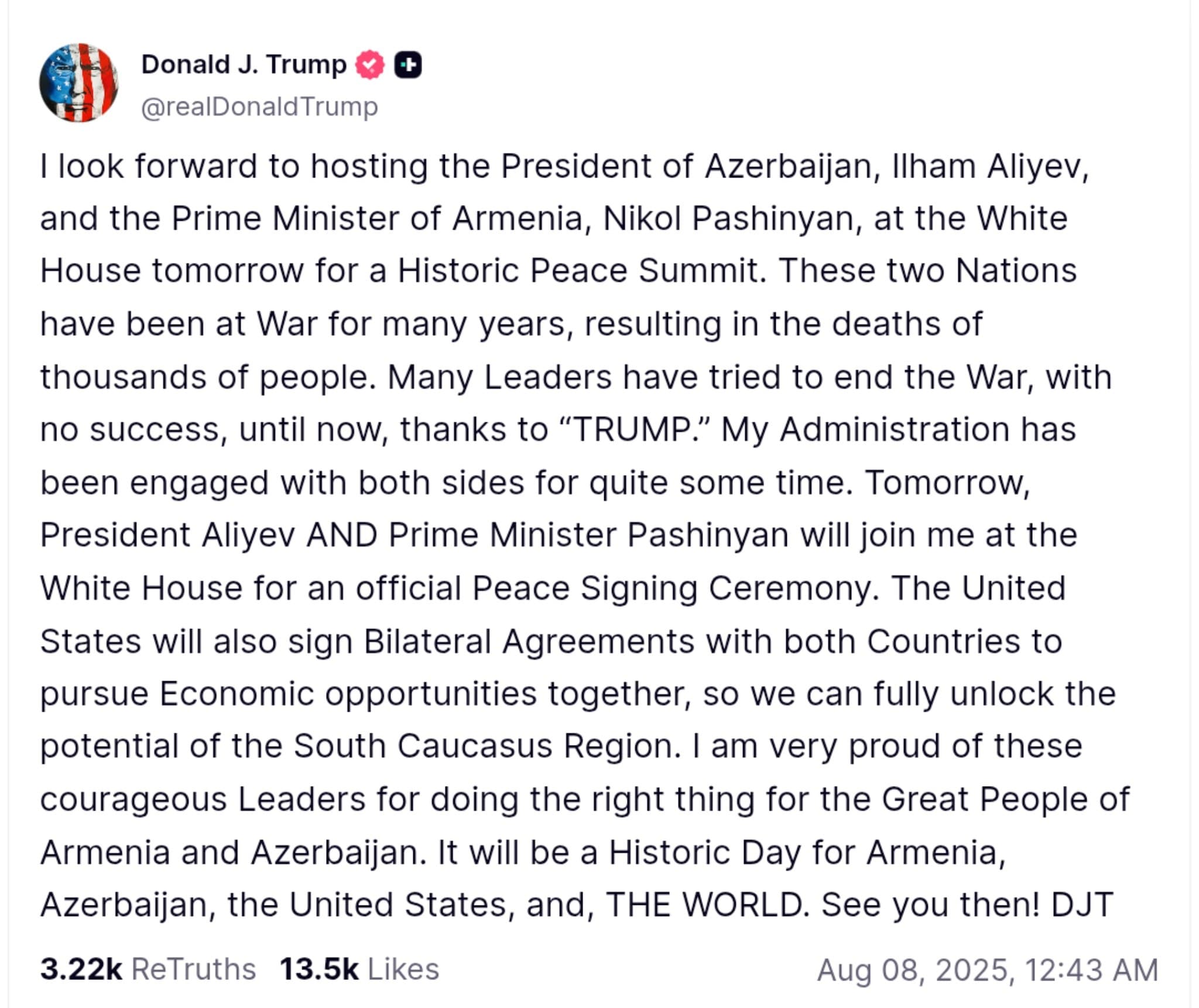 Trump Hosts Azerbaijan and Armenia Leaders for Historic Peace Summit to Resolve Conflict