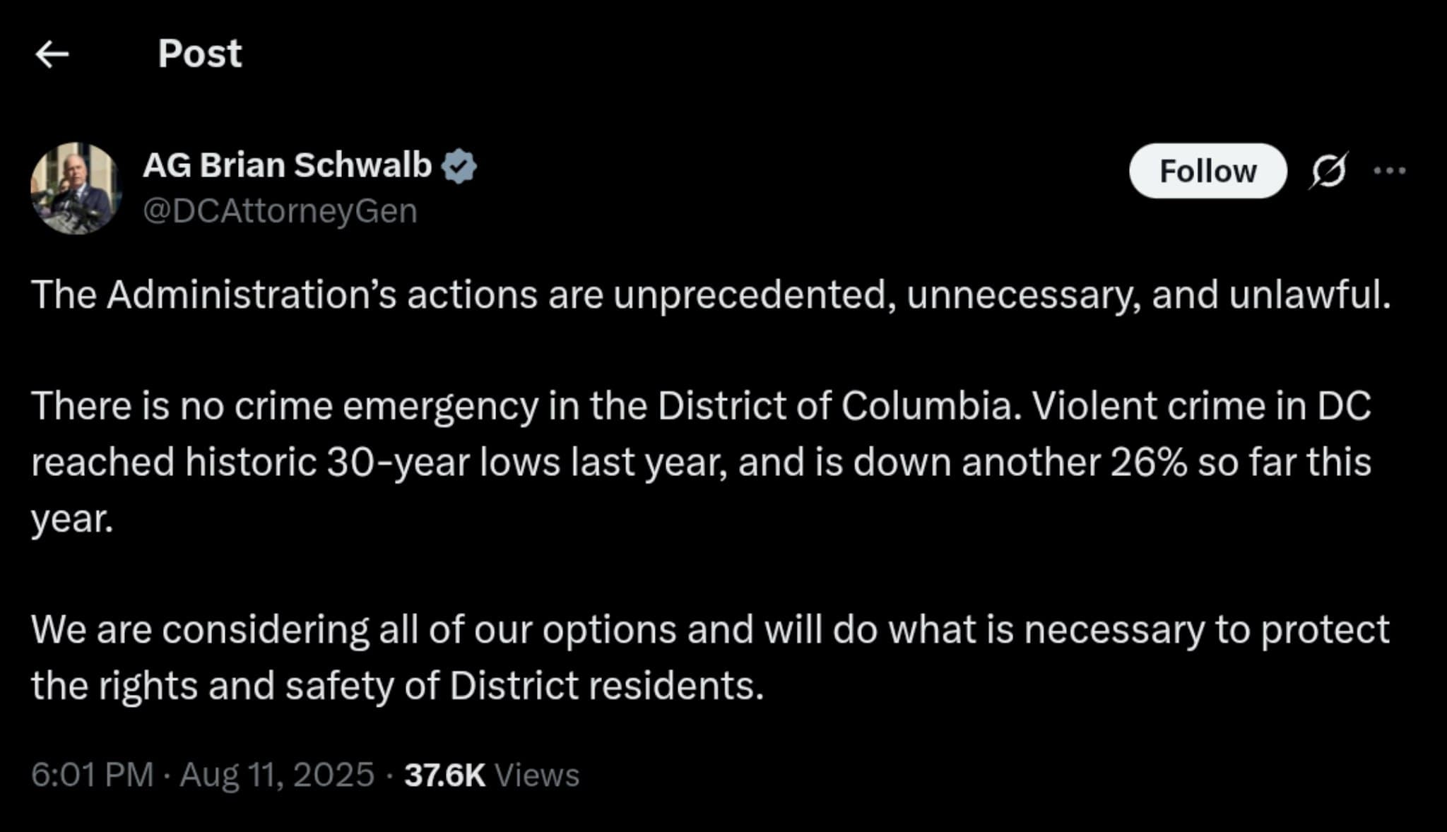 DC Attorney General Slams Administration's Actions as 'Unprecedented' Amid Historic Crime Decline