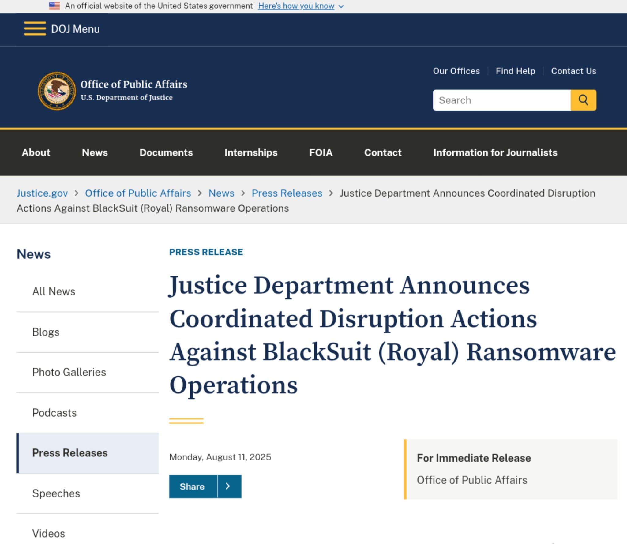 Justice Department Shuts Down BlackSuit Ransomware, Seizes $1.09M and Key Infrastructure Targets