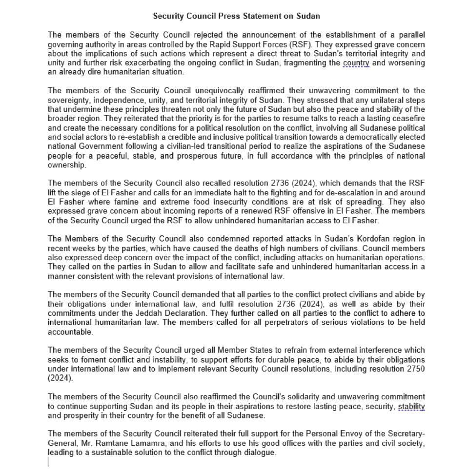 UN Security Council Rejects RSF’s Parallel Government in Sudan, Demands Immediate Siege Lift on El Fasher