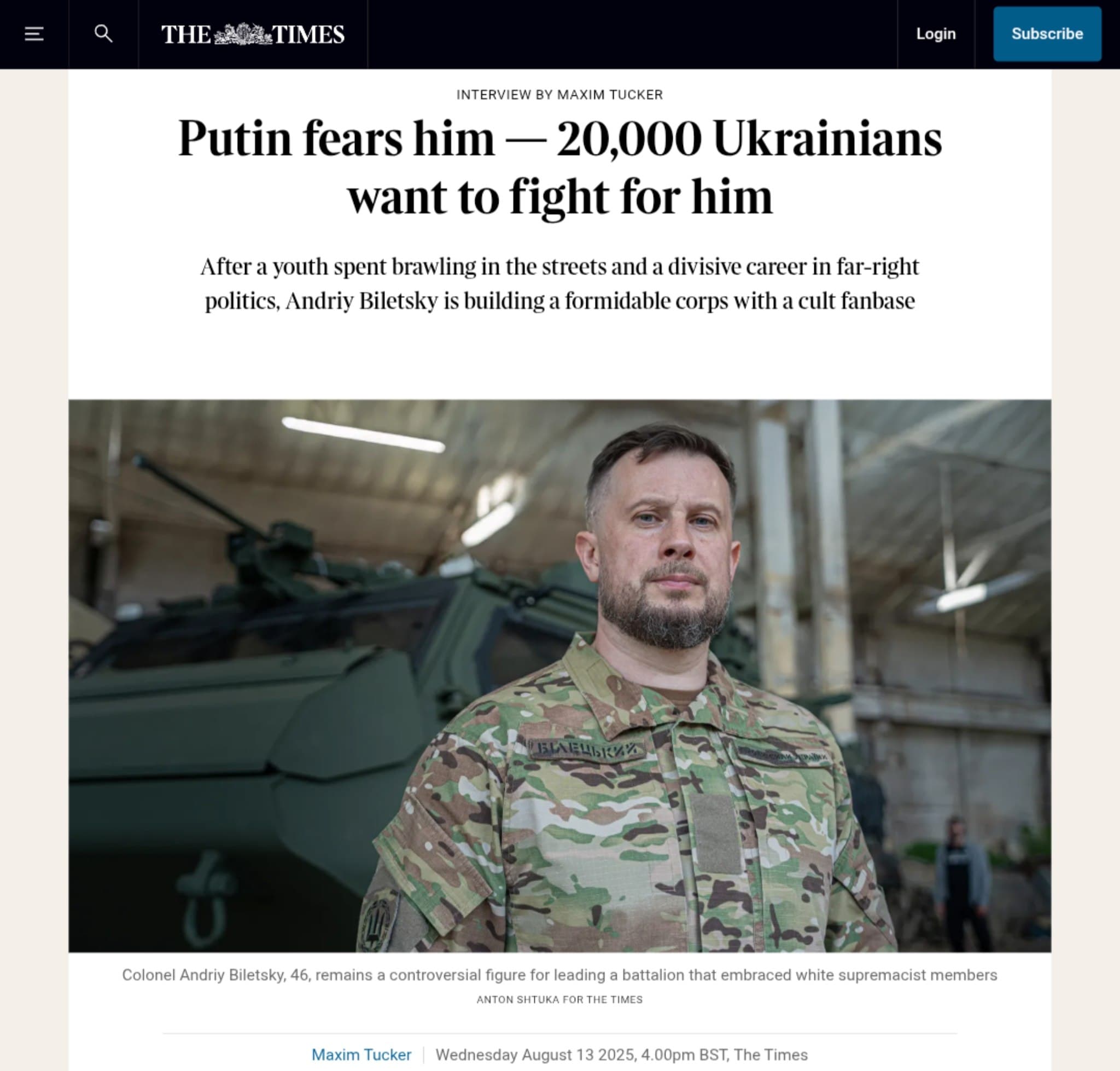 Ukrainian Nationalist Colonel Andriy Biletsky Commands 20,000 Troops Against Putin