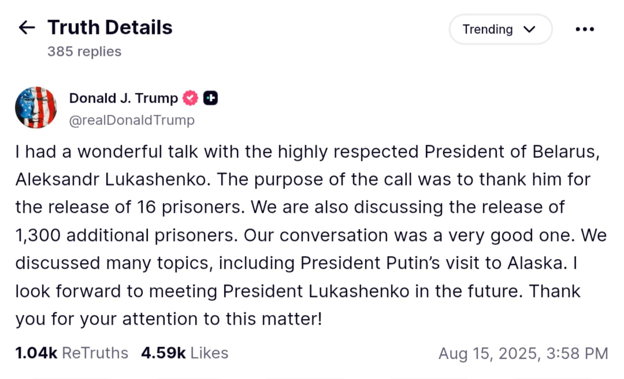 Trump Hails Belarus’ Lukashenko for Prisoner Releases, Eyes Future Talks on Putin’s Alaska Visit