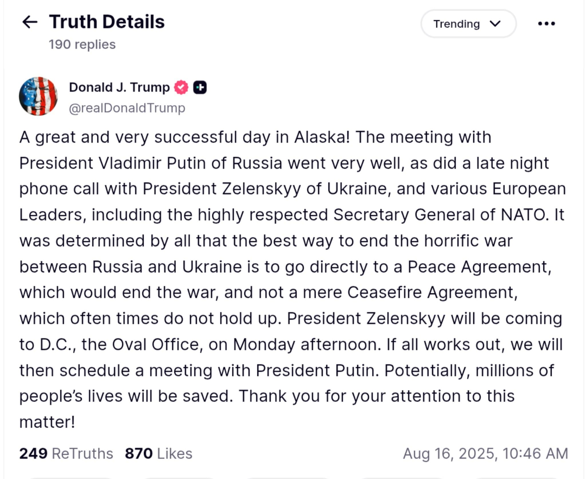 Trump Promises Peace Deal Between Russia and Ukraine After Successful Meetings