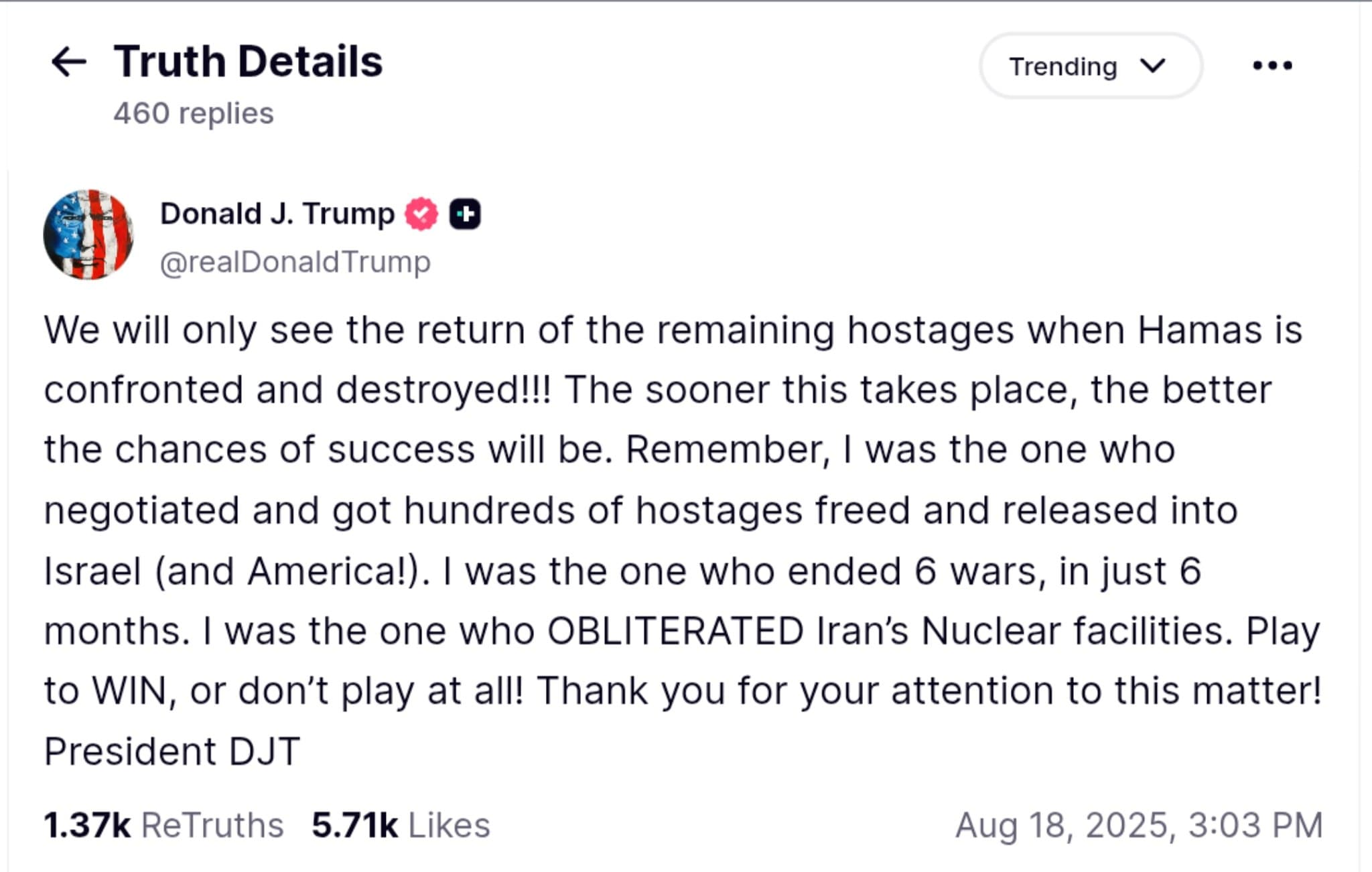 Trump Demands Destruction of Hamas as Key to Securing Hostage Releases