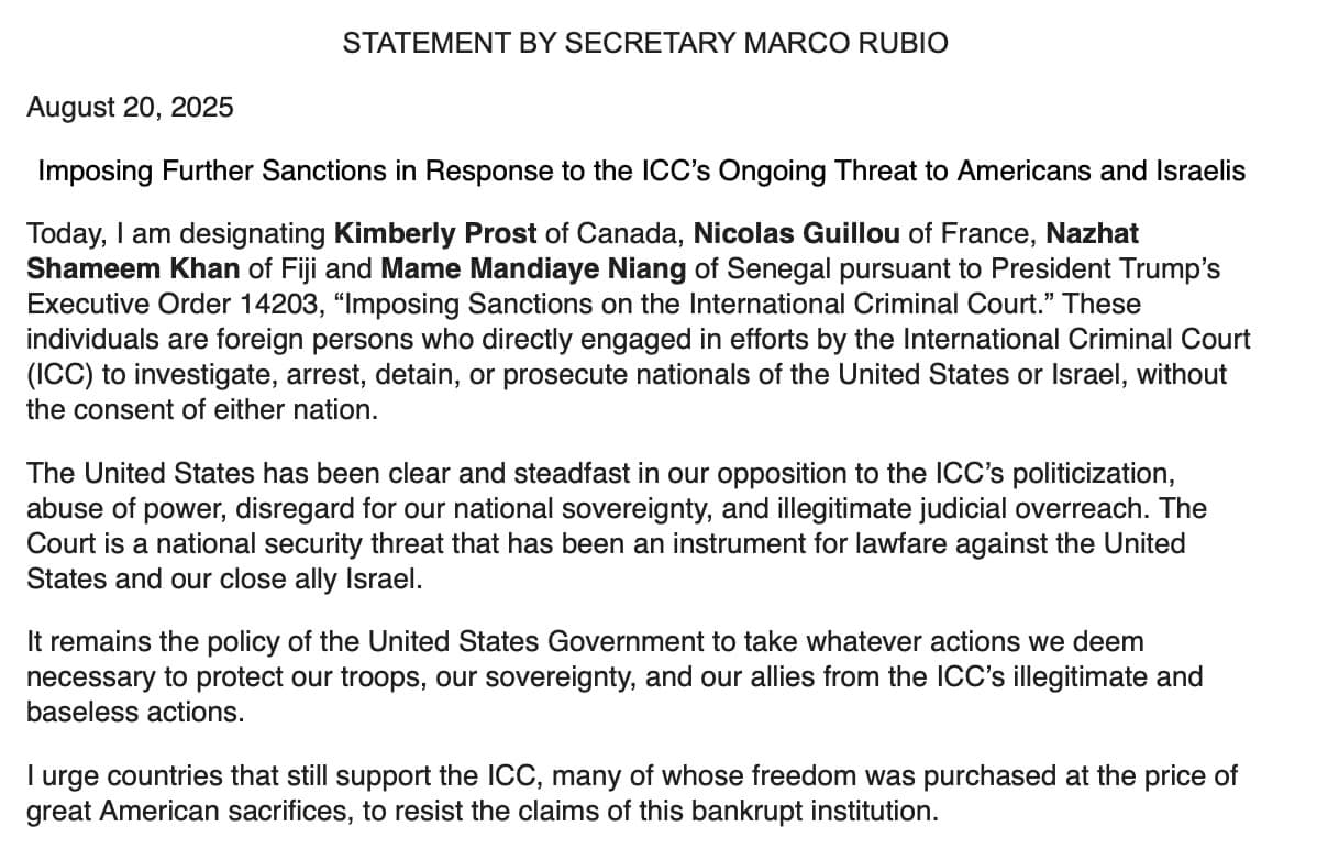 Breaking: US Sanctions Four ICC Judges Over US-Israel Probes