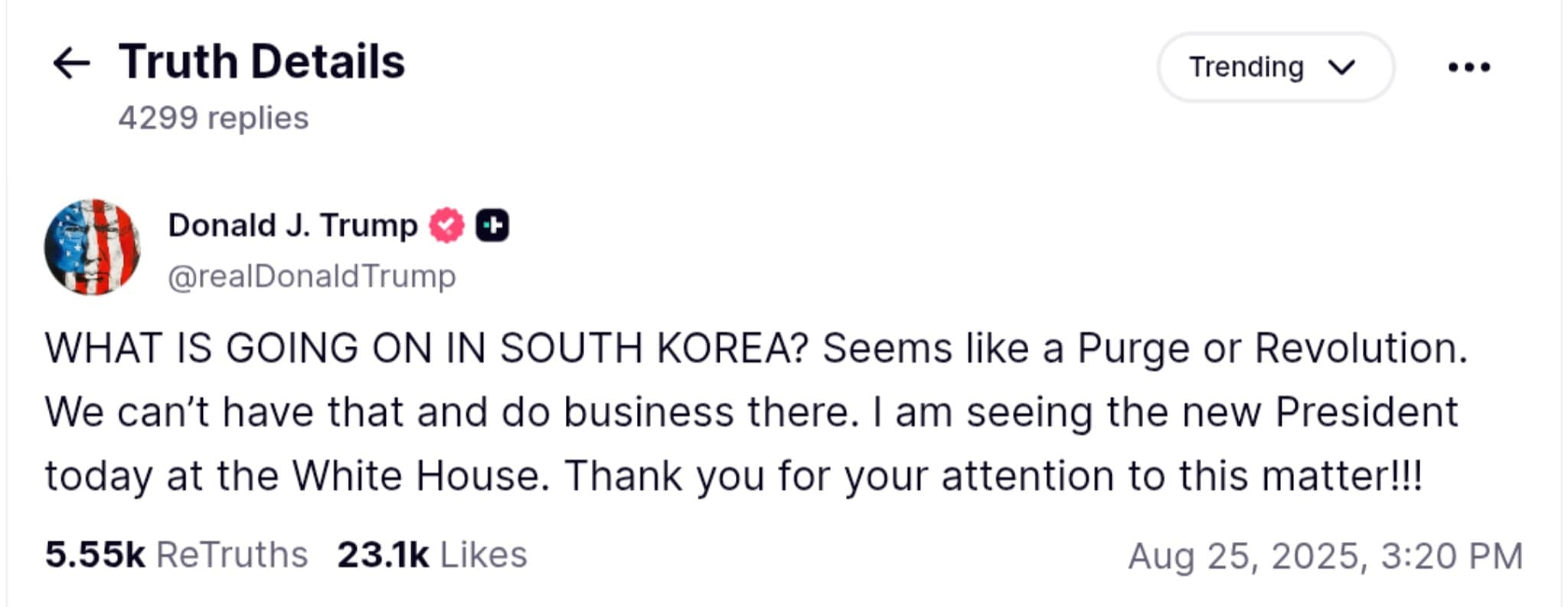 Trump Schedules Urgent Meeting Over South Korea's Turmoil Today