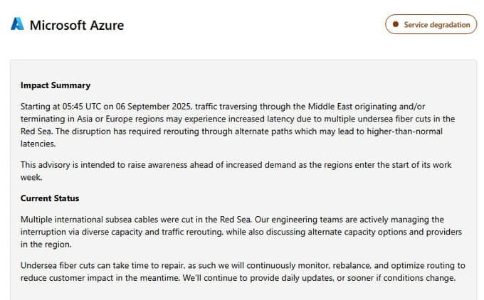 Microsoft Azure Faces Latency Issues After Red Sea Fiber Cuts