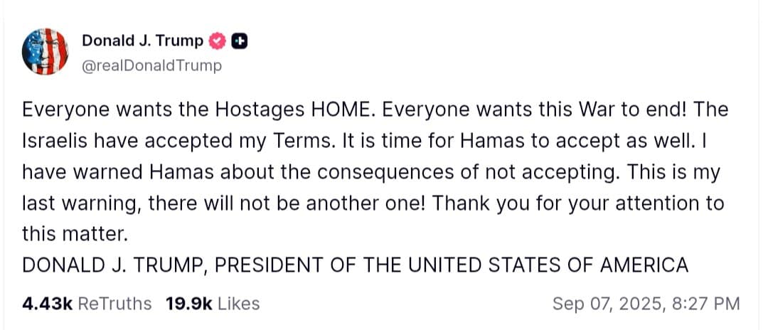 Trump Issues Final Warning to Hamas as Israel Accepts Peace Terms