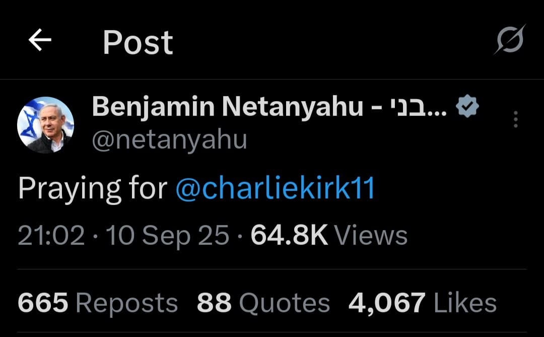Netanyahu Offers Prayers for Conservative Commentator Charlie Kirk