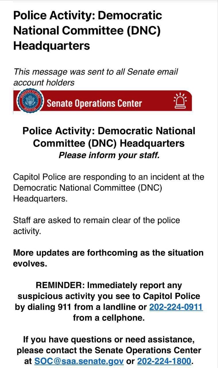 Police Respond to Incident at DNC Headquarters, Senate Alerted