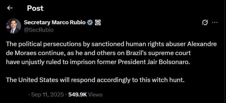 Rubio Slams Brazil's Court Ruling, Vows US Action on Bolsonaro Imprisonment