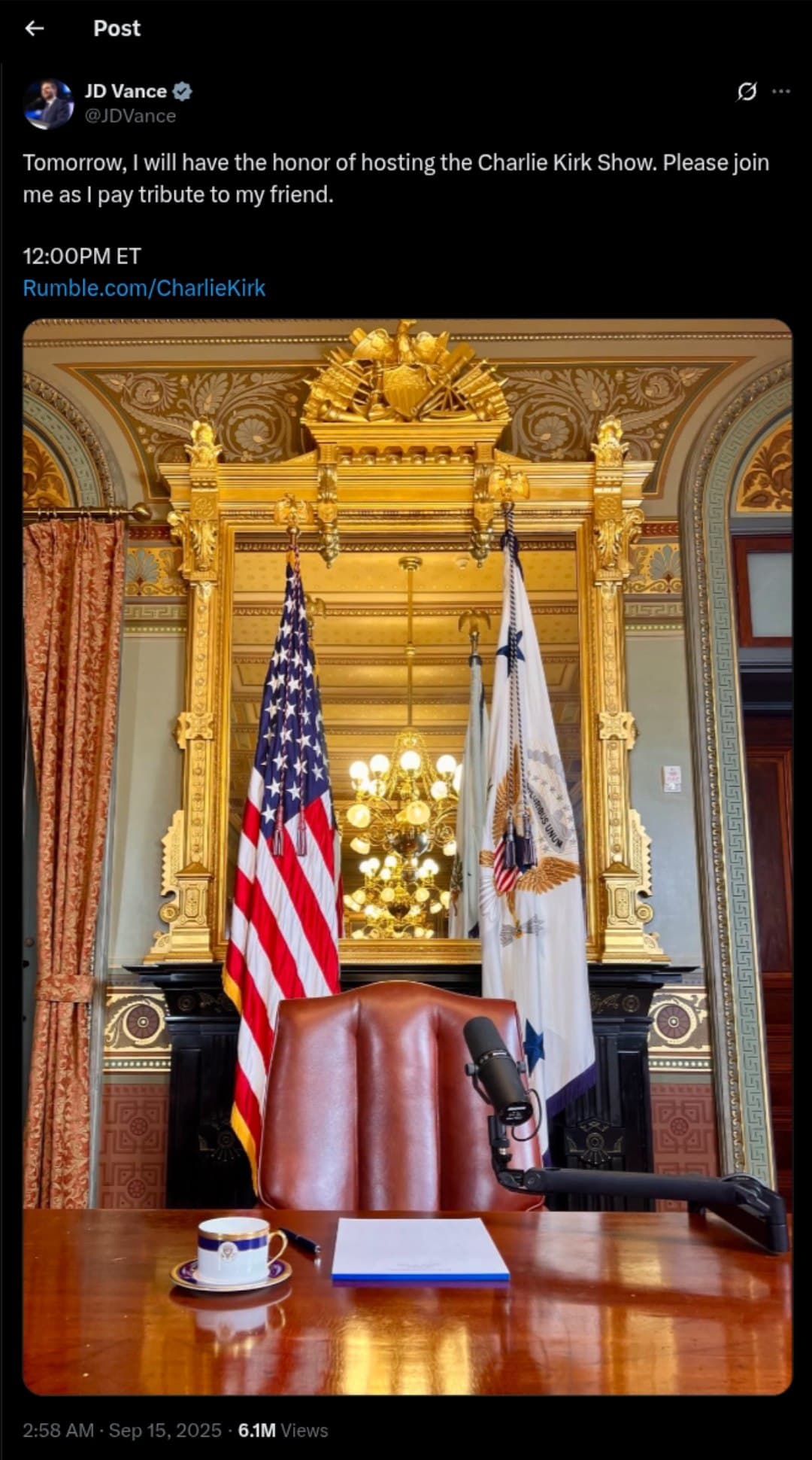 US Vice President JD Vance to host Charlie Kirk Show tomorrow at 12:00 PM ET