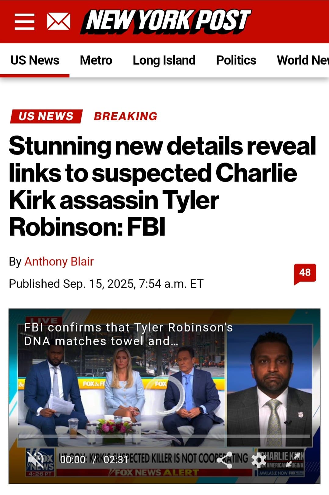 DNA links Tyler Robinson to Charlie Kirk assassination attempt, FBI says