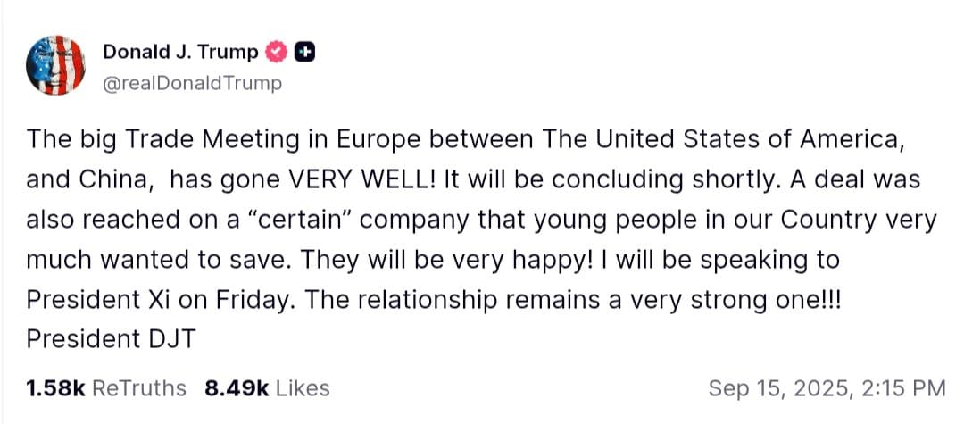 Trump announces successful trade meeting with China, deal reached on key company