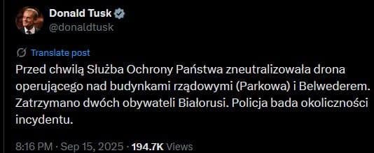 Polish President Donald Tusk reports drone shot down, two Belarus citizens arrested