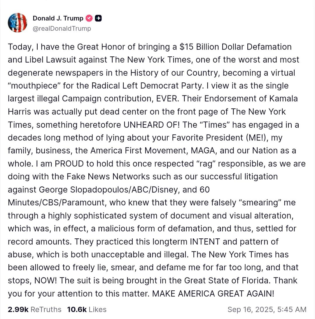 Trump files $15 billion defamation lawsuit against The New York Times