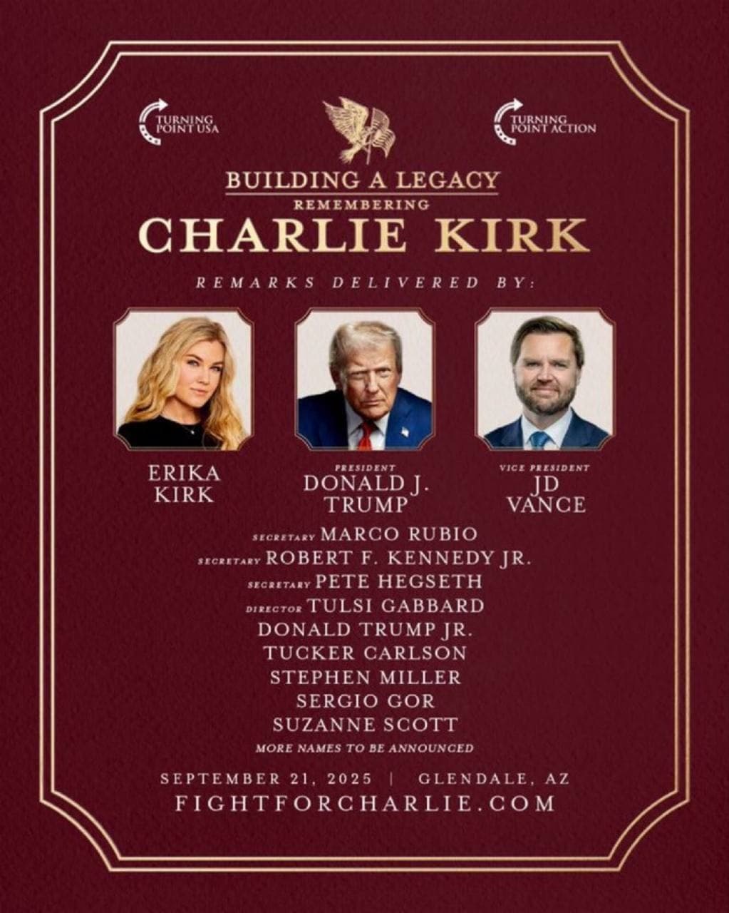 Turning Point USA announces speaker lineup for Charlie Kirk's memorial service