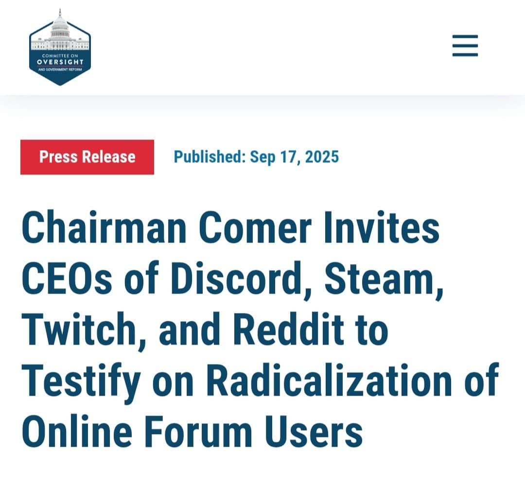Chairman Comer invites CEOs of Discord, Steam, Twitch, and Reddit to testify