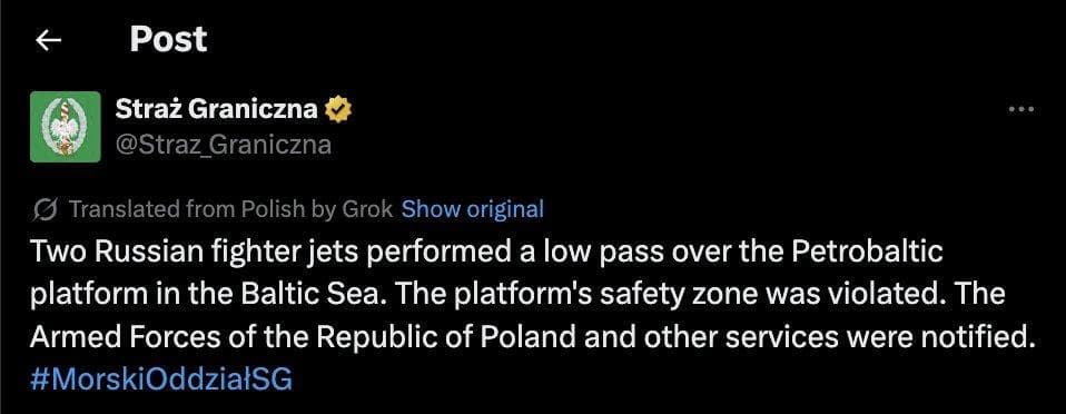 Two Russian fighter jets violate safety zone over Petrobaltic platform