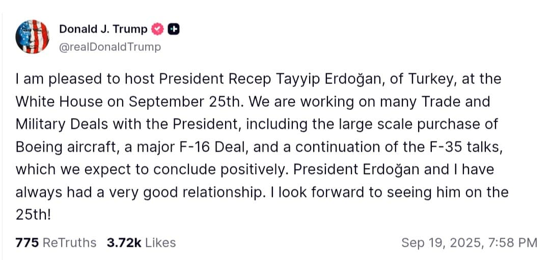 Trump to host Turkey's Erdoğan at the White House on September 25th