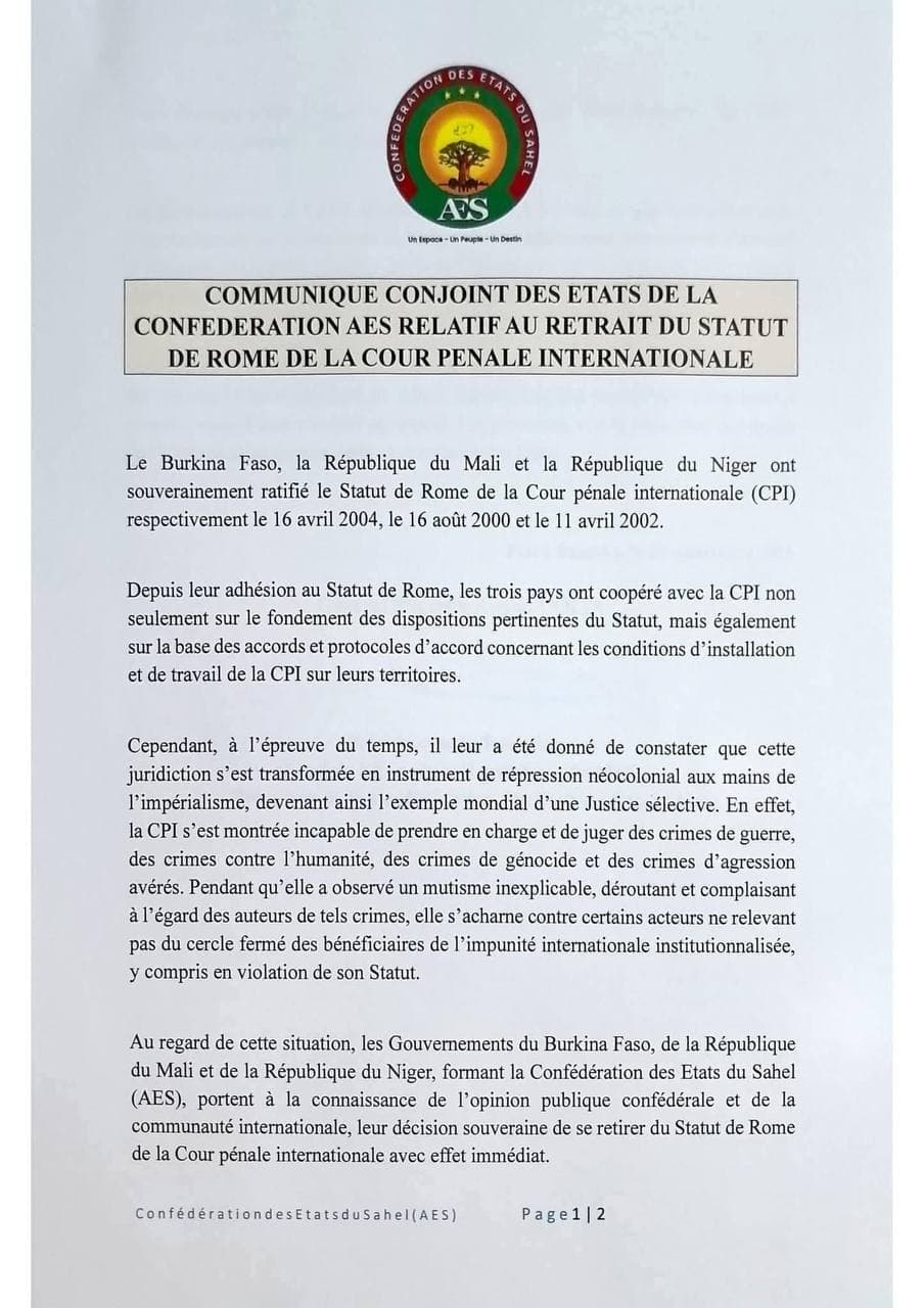 Burkina Faso, Mali, and Niger withdraw from International Criminal Court