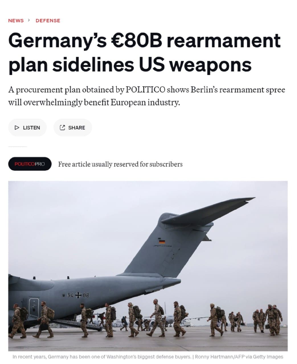 Germany's €80B rearmament plan allocates only 8% to US weapons