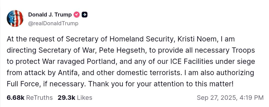 Trump directs Secretary of War to deploy troops to protect Portland