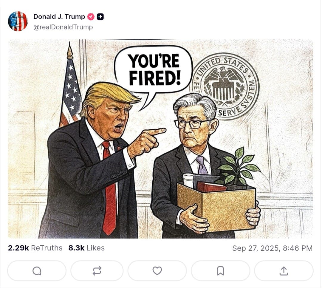 Trump posts image on Truth Social telling Fed Chair Powell 'YOU'RE FIRED!'