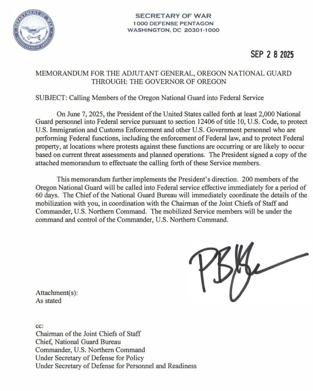 US Secretary of War orders federalization of 200 Oregon National Guard members