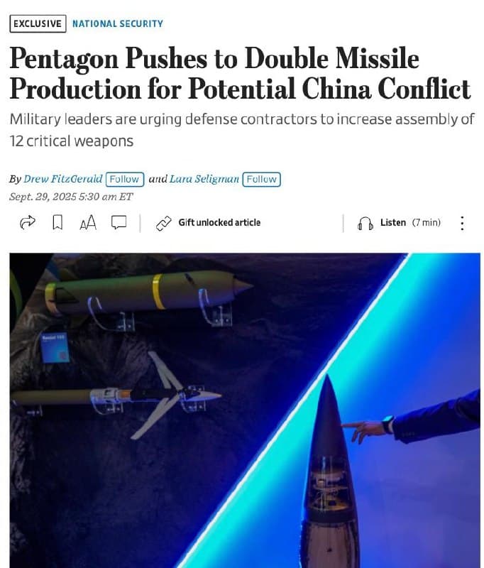 Pentagon urges missile makers to double or quadruple production of weapons