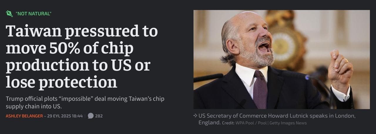 Trump Admin Demands Taiwan Shift 50% of Chip Production to US
