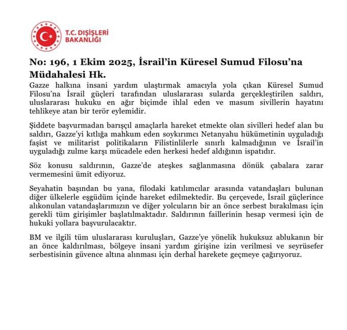 Turkish Foreign Ministry condemns Israeli Army's interception of flotilla