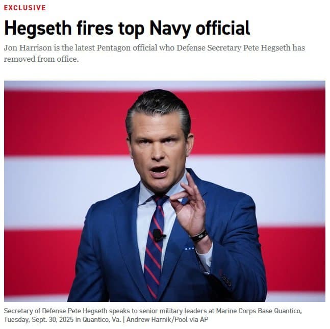 US Secretary of War Pete Hegseth fires Navy Chief of Staff Jon Harrison
